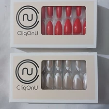 Cliq On U Ready To Wear Press-On Nails Red Gold Medium Length Almond Shape NIB