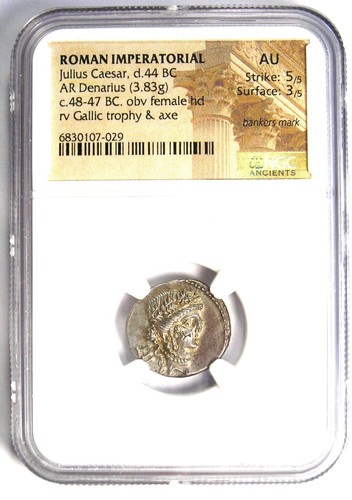 Julius Caesar AR Denarius Silver Coin (48 BC, Female Head) - Certified NGC AU - Picture 2 of 5