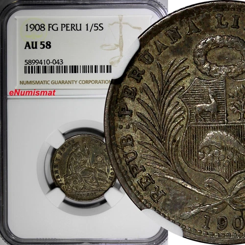 PERU Silver 1908 FG 1/5 Sol NGC AU58  Toned KM# 205.2 (043)