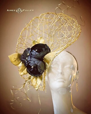 Golden Royal Ascot Fascinator Kentucky Derby Hat Gold Black Peony Breeders' Cup