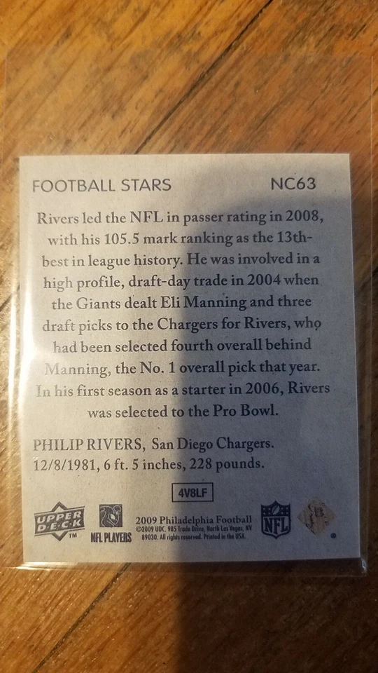 2009 Philadelphia Football Philip Rivers Mint to near Mint condition  - Image 2 of 2