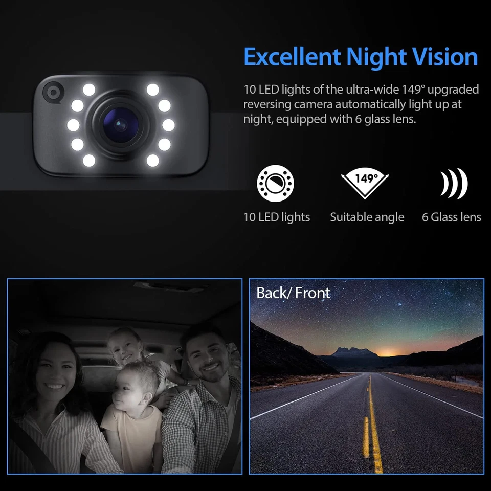 Car Rear View Backup Camera Reverse Camera 10 LED Night Vision 7" Monitor 1080P - Image 4 of 4