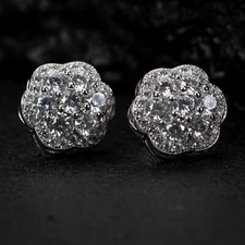 Men's White Gold 925 Sterling Silver Iced Hip Hop Flower Cluster Stud Earrings