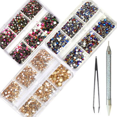 No Hotfix Nail Art Rhinestones 6 Grids SS4-SS16 Flat Back Crystal With tools