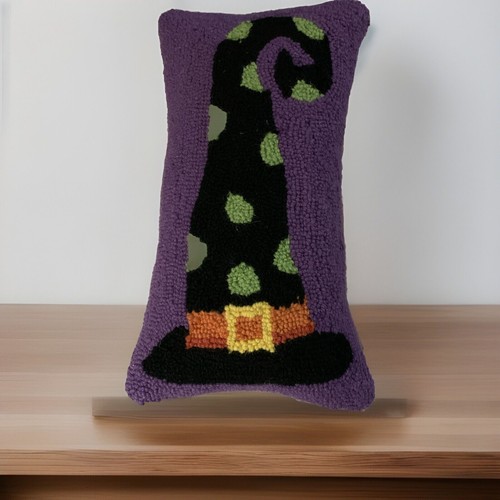 Hooked Wool Halloween Pillow Witches Hat Purple Black 9” X 16