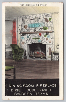 Postcard TX Bandera Dixie Dude Ranch Dining Room Fireplace Fossils Rocks K4