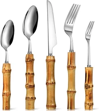 Bamboo Silverware Set 18/8 Stainless Steel Tableware Set Natural Utensil Flatwar