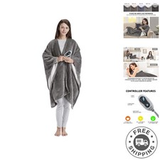 Soft and Warm Heated Poncho Wrap - 50''x64'' Fleece Electric Blanket in Grey