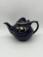 Hall China Co. Gold Label Parade Teapot Cobalt Blue 6-cup leaf pattern USA 1950s