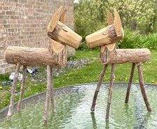 Vtg Set Of 2 Wooden Handmade Deer Christmas Reindeer Stick Figure Statues Pair