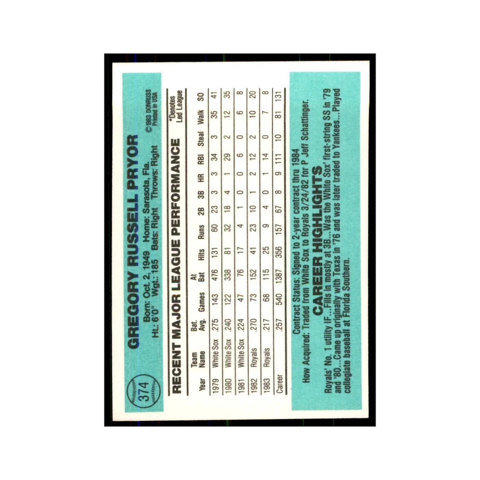 Greg Pryor 1984 Donruss #374 Kansas City Royals Baseball Card NM - Image 2 of 3