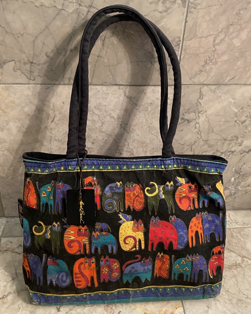 LAUREL BURCH Colorful Vintage Cat Purse Canvas Tote Shoulder Bag