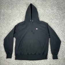 Champion Hoodie Mens Large Black Reverse Weave Pullover Sweatshirt Fleece Logo