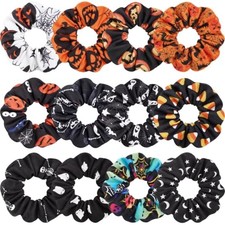 12Pcs Halloween Scrunchies - Pumpkin Ghosts Bat Skull Spider Web Hair Ties