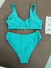 Teal Bikini V Neck High Rise High Cut Bottoms Gold Embellishing Size Small NWT S — photo 4