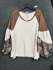 Umgee Waffle Knit Top Womens Size XL Long Puff Sleeve Floral Print Beige Brown