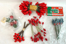 Vintage Christmas Craft Lot Lacquered Holly Leaves Berry Stems Double Ended  C2