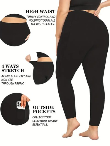 Womens Plus High Waist Yoga Leggings w/Pockets Stretchy Black & Army Green 1X-3X - Picture 6 of 6