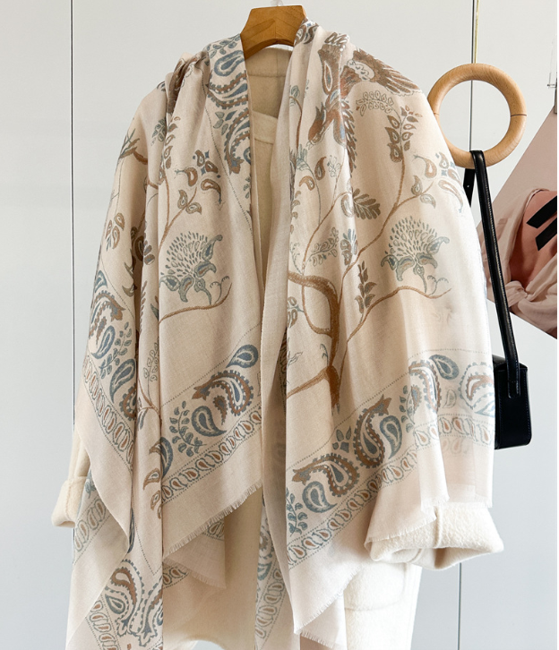 100% Wool Square Scarf Shawl Bandanna 200X100cm Wrap White tree Print new