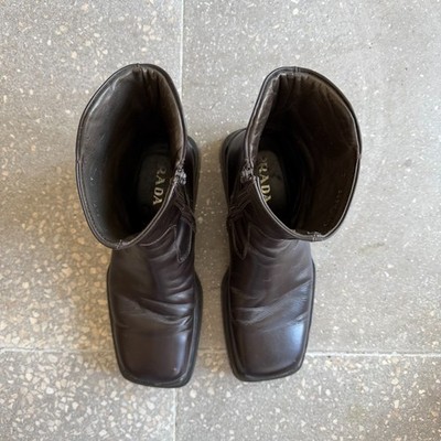 Prada FW1999 Black Leather Square Toe High Boots Archive Vibram
