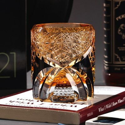 Old-Fashioned Amber Whiskey Glass, Hand-Carved Luxury Crystal Home Bar Gift