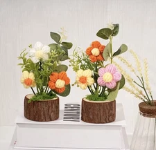 Handmade Crochet Flower Arrangement in Natural Wooden Log Vase – Knitted Yarn