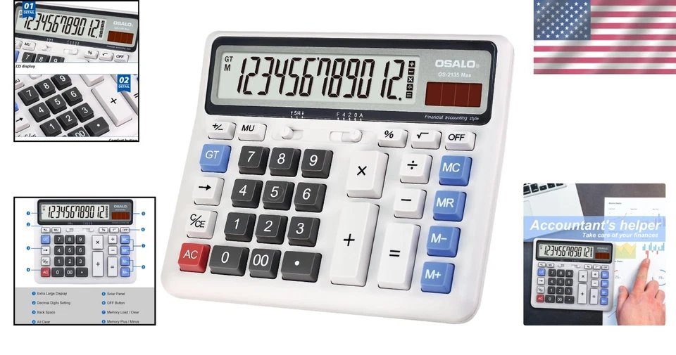 12-Digit LCD Display Calculator with Giant Buttons - Solar & Battery Operated - Image 2 of 4