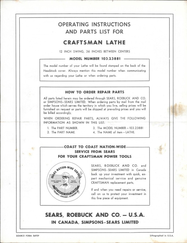 Operating Instructions & parts list for Craftsman Lathe Model # 103.23881