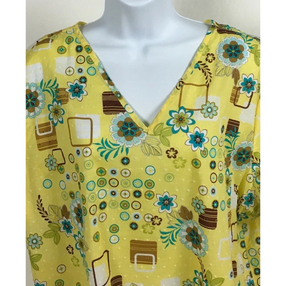 Cherokee Womens XL V-Neck Floral Scrub Top Two Pockets Yellow Blue Brown Flowers - Image 2 of 4