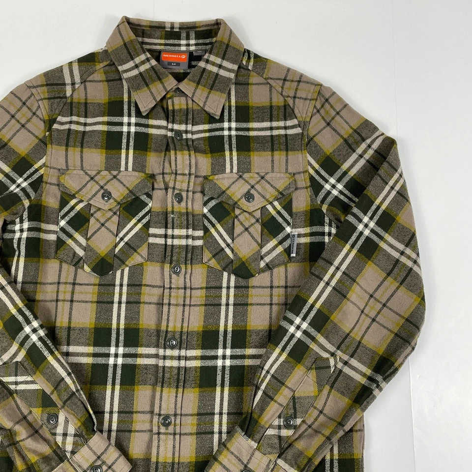 Merrell Shirt Mens Small Green Flannel Long Sleeve Button Up Plaid Trail Hiking - Image 3 of 4