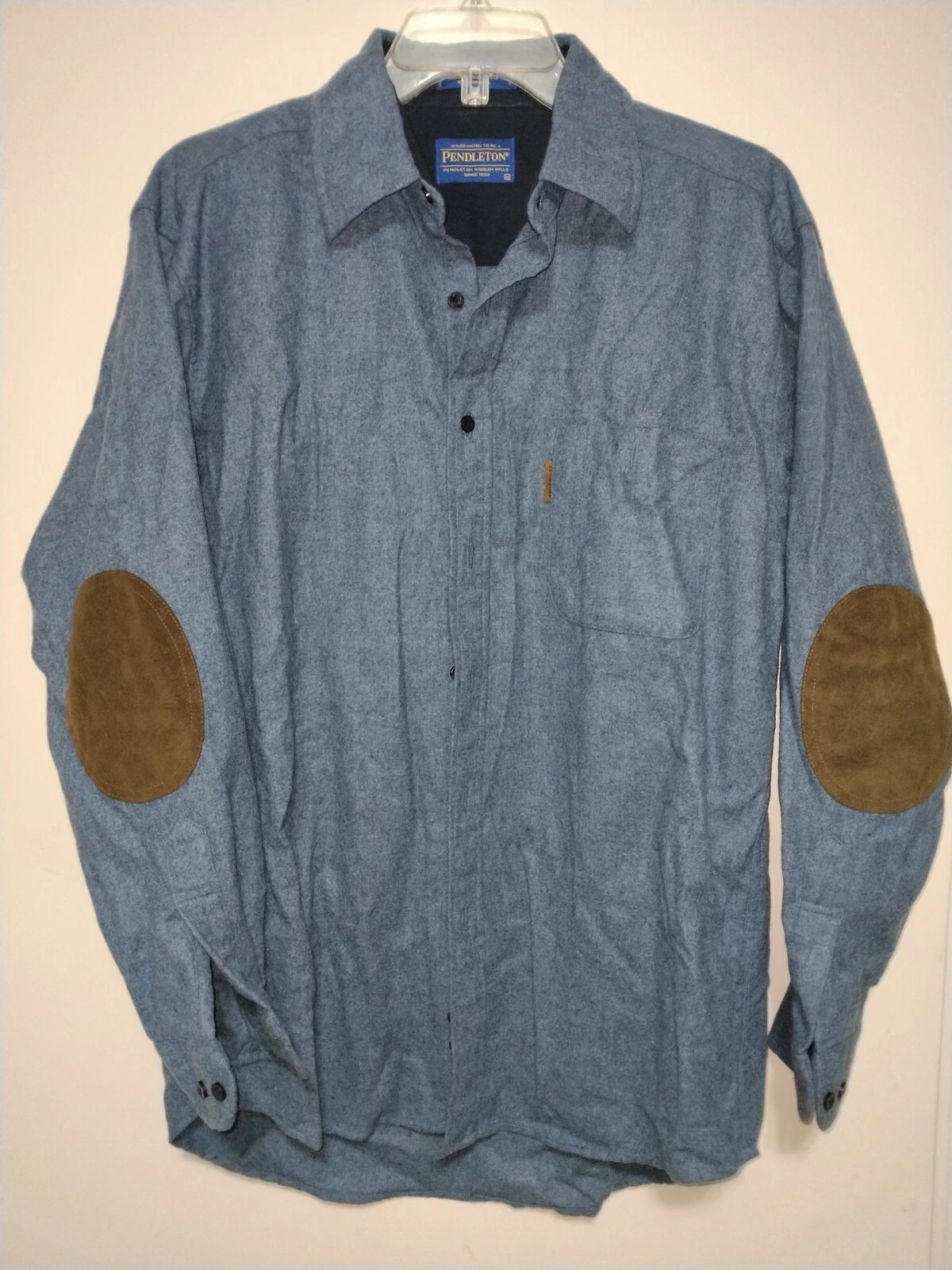 Vintage Pendleton 100% Virgin Wool Trail Shirt Sz M Blue Brown Leather Cowboy