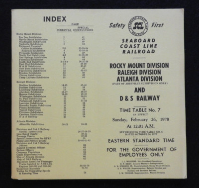 1978 SEABOARD COAST LINE RAILROAD  ROCKY MOUNT RALEIGH ATLANTA DIV TIMETABLE 