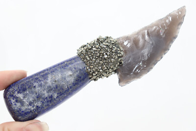 Flint Knapped Obsidian Knife-Polished Lapis Handle w/ Crushed Pyrite Reike Wand