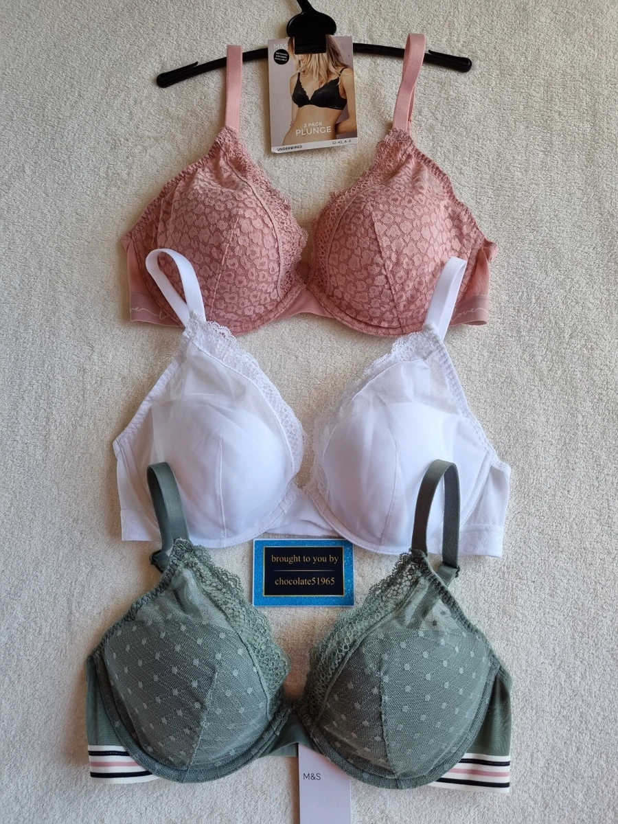 NEW M&S - 3 PACK UNDERWIRED HIGH APEX PLUNGE BRAS SIZE 34D in ANTIQUE ROSE  MIX