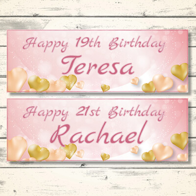 2 PERSONALISIERTE GEBURTSTAGSBANNER ROSEGOLD - DESIGN 1 GOLDENE HERZEN (BELIEBIGER NAME/ALTER)