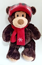 HugFun International 16" Brown Teddy Bear Red Scarf Plaid Hat SOFT! Plush Toy