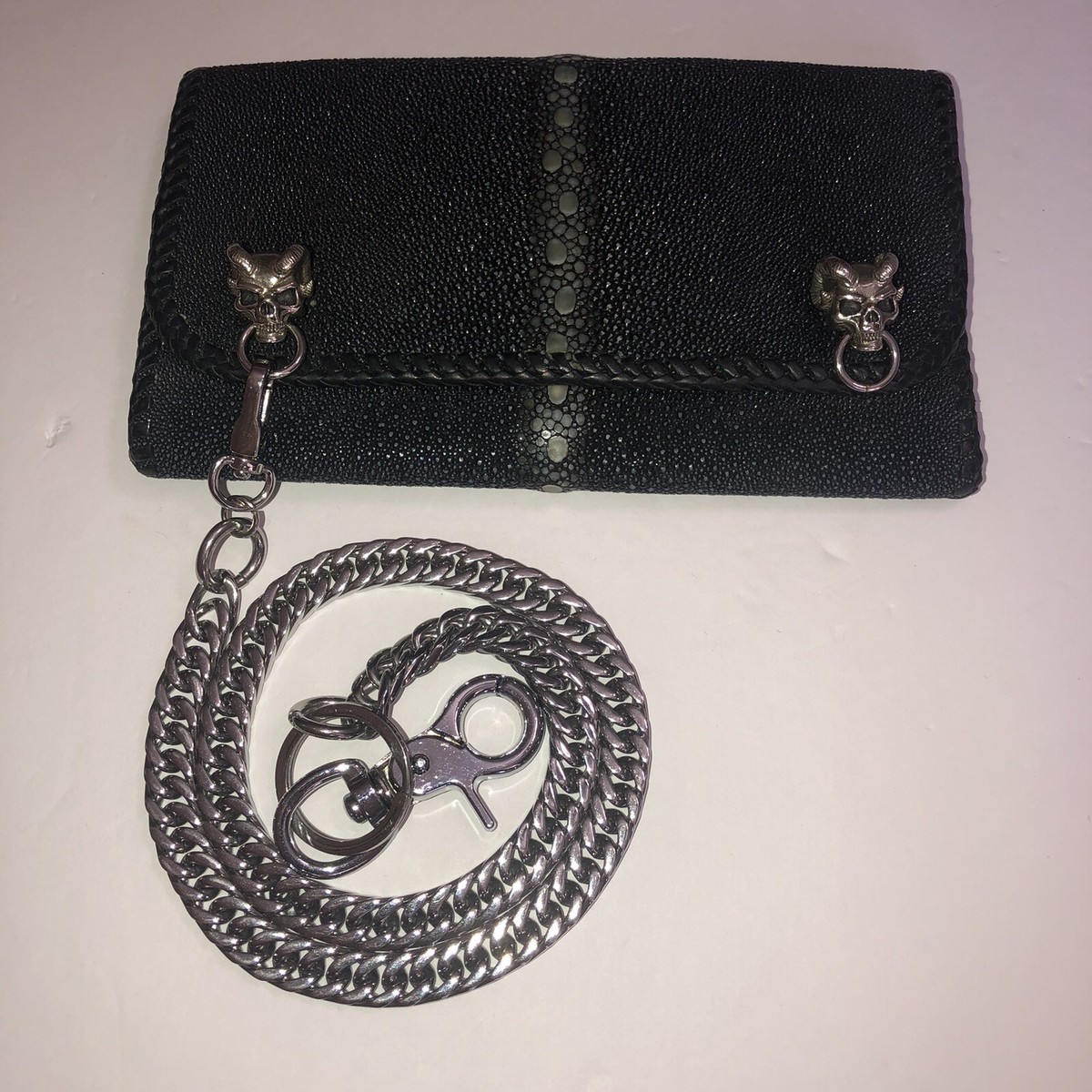 GENUINE STINGRAY SKIN LEATHER Demon Skull Silver .925 WALLET