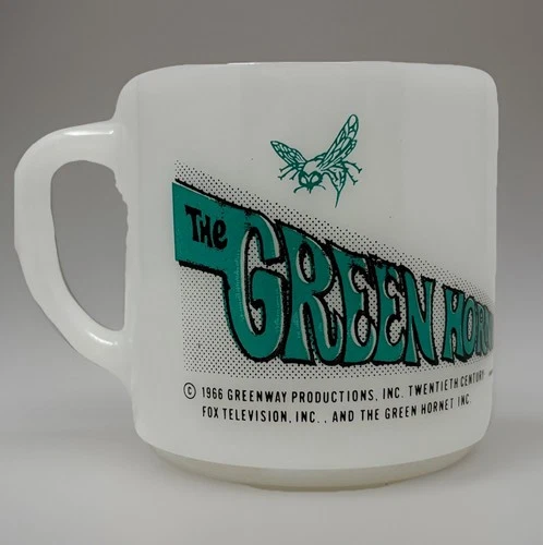 Vintage Green Hornet 1966 Milk Glass Coffee Cup Mug Federal Glass Bruce Lee Kato