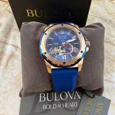 Bulova Marine Star Blue/Gold Dial Silicone Men's Automatic 98A227 Watch 45mm