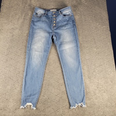 KanCan Jeans Womens 11 Blue Button Fly Ankle High Rise Distressed Raw Hem Denim
