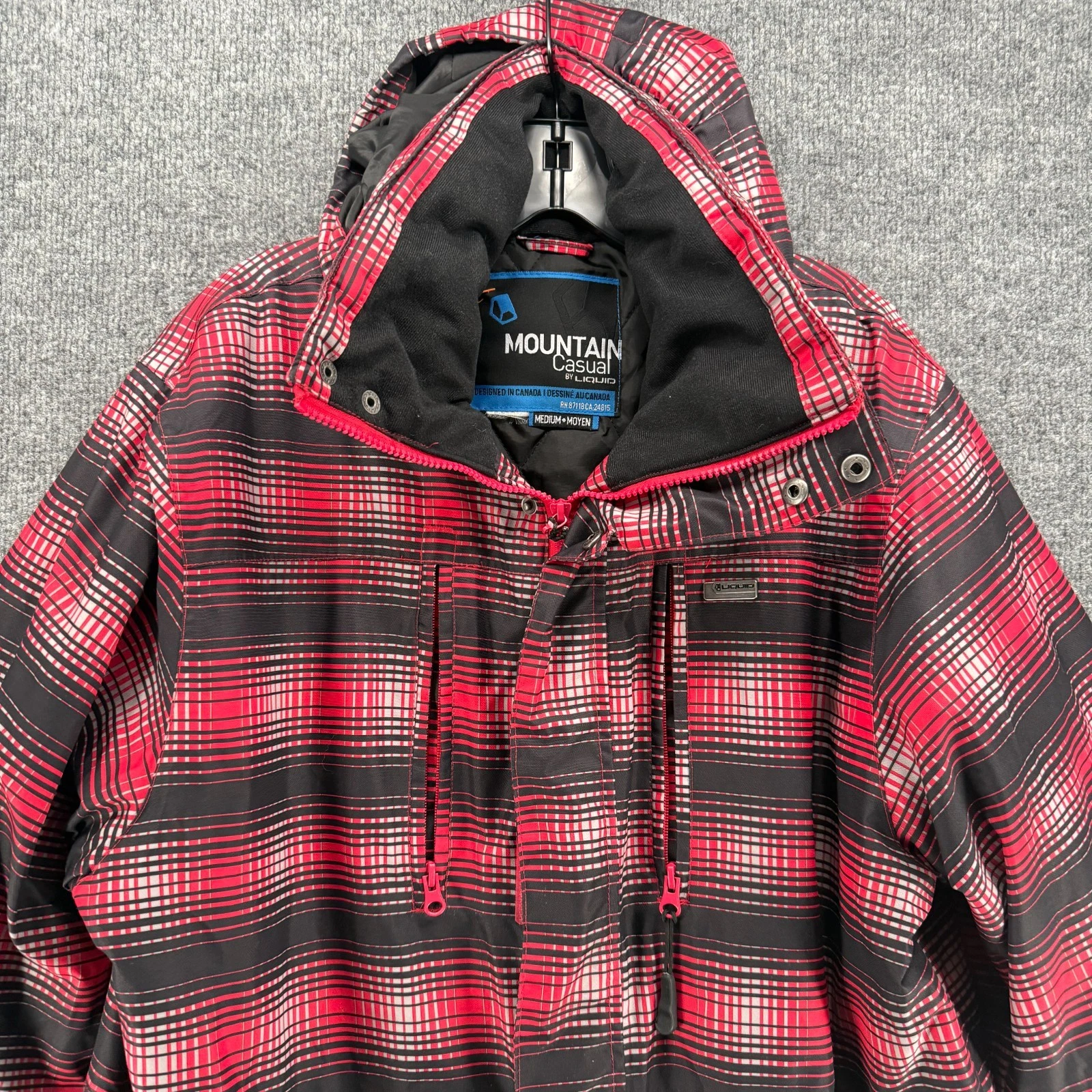 Liquid Mountain Casual Mens Medium Snowboard Ski Hooded Jacket Black Red Plaid image 2