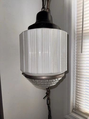 Vintage 1920s Art Deco Milk Glass Skyscraper Ceiling Lamp Light Fixture