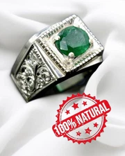 925 Silver Men Green Emerald Gemstone Ring Hand Engraved Oval Ring