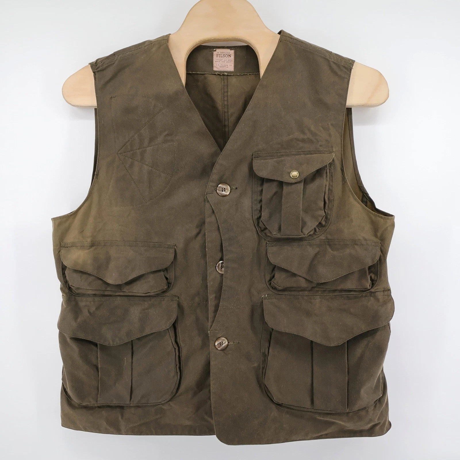 Filson CC Vintage Waxed Tin Cloth Shooting Vest Brown Half Moon Mens Fits XXL