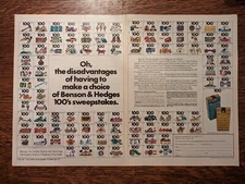 Benson and Hedges 100's Sweepstakes Two Page 1975 Vintage Color Print Ad