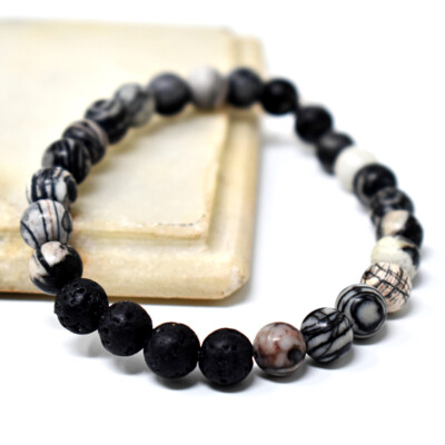99.00 Cts Earth Mined Picasso Jasper & Lava Beads Stretchable Bracelet JK-32E283