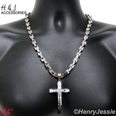 24''MEN 316L Stainless Steel HEAVY 8mm Interlock Bones Link Chain Cross Pendant*A