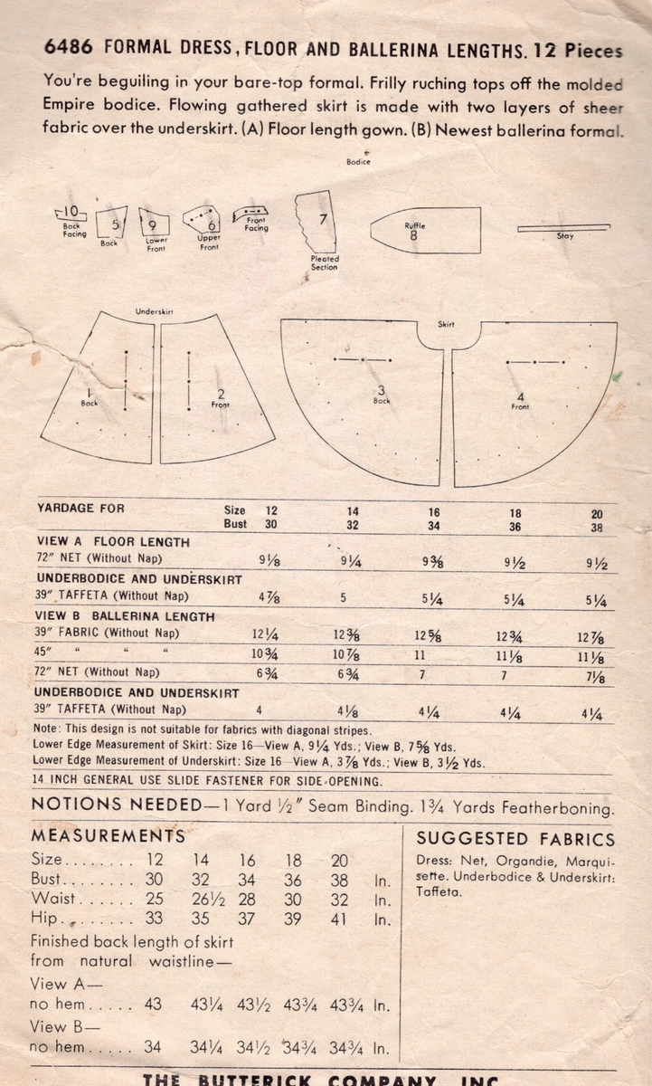 Patron De Couture Vintage Butterick 6486 - Robe Des Années 1950, Motif B32 (2057) - Neuf, Pièces Complètes