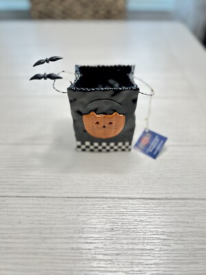 Ceramic Trick Or Treat Bag Votive Candle Holder With Jack-O -Lantern, Cat & Bats