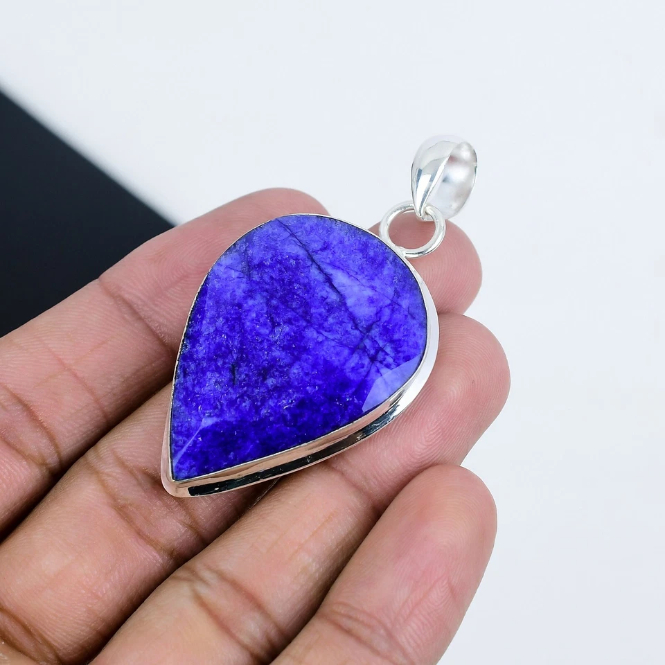 Zaffiro Blu Creato IN Laboratorio Gemma 925 Pendente Argento Sterling Per Nozze - Immagine 3 di 4